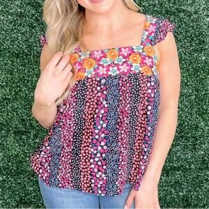 Savannah Jane multicolored Embroidered Flutter Sleeve Blouse Top Size 2X